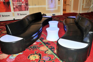 black couches at corporate event
